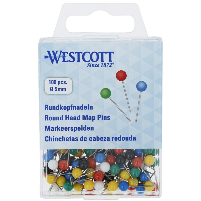 WESTCOTT épingles de marquage assortiment couleurs, taille 5, 16 mm, 100 pièces